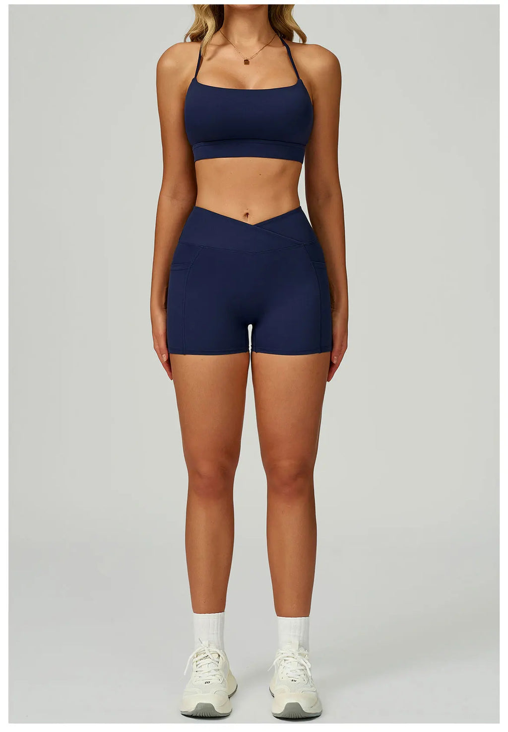 Navy X-back bralette and matching shorts set