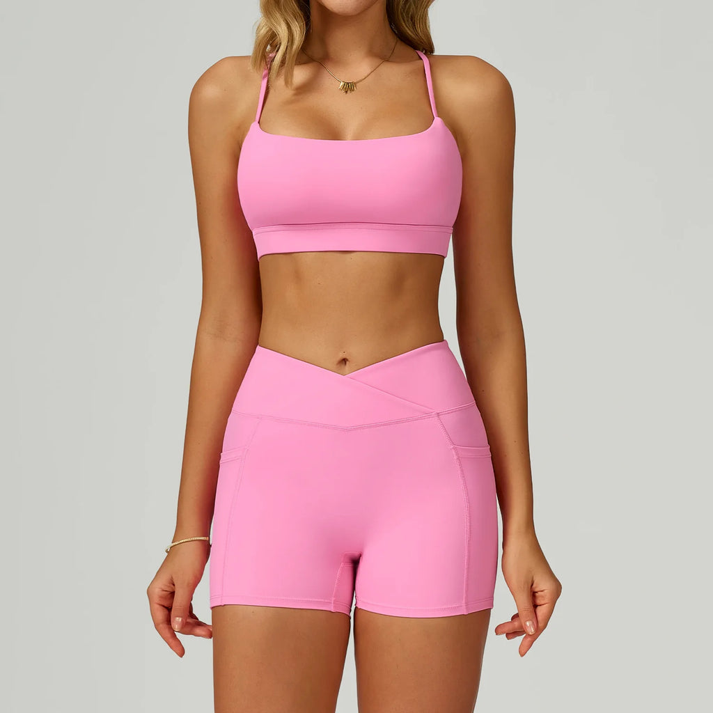 Pink bralette + matching shorts set with pockets