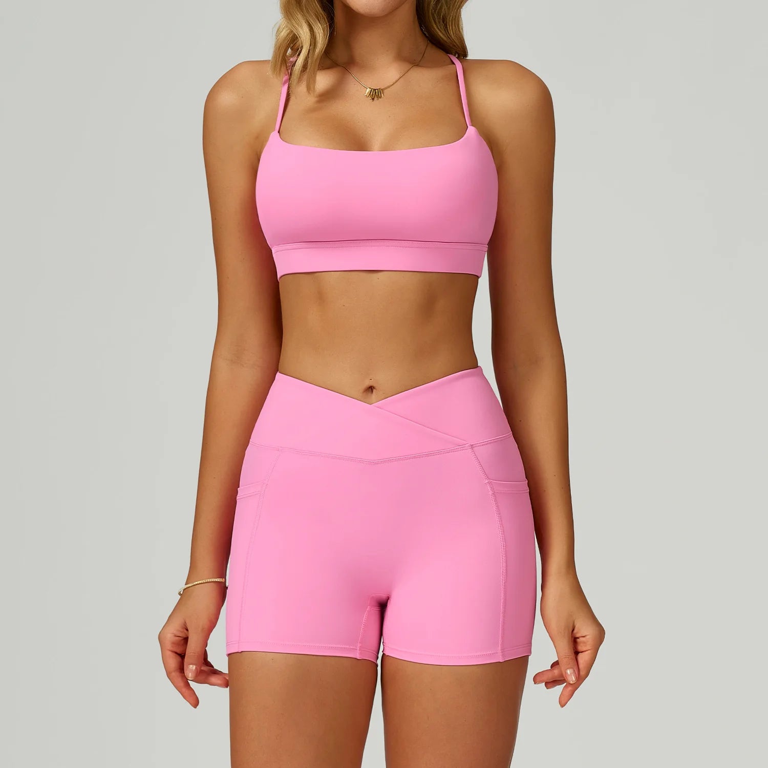 Pink bralette + matching shorts set with pockets