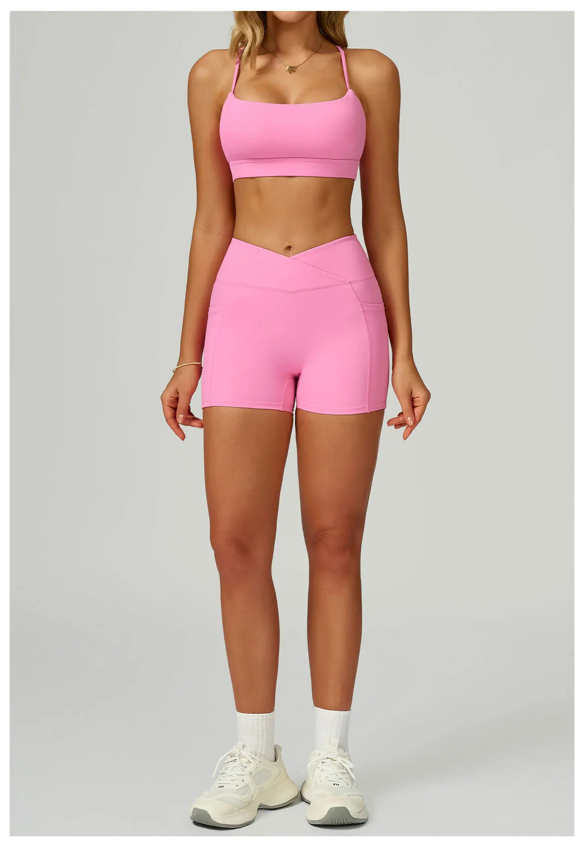 Pink X-back bralette and matching shorts set