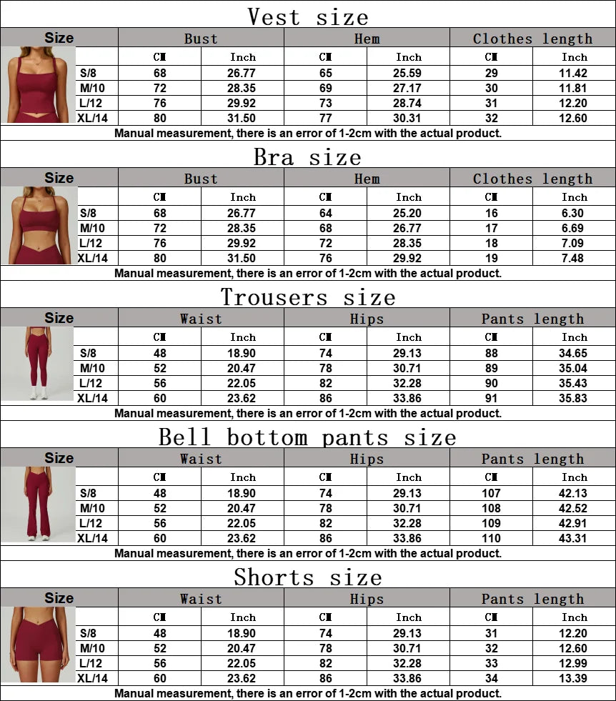 Size chart for bra, shorts, and matching set measurements
