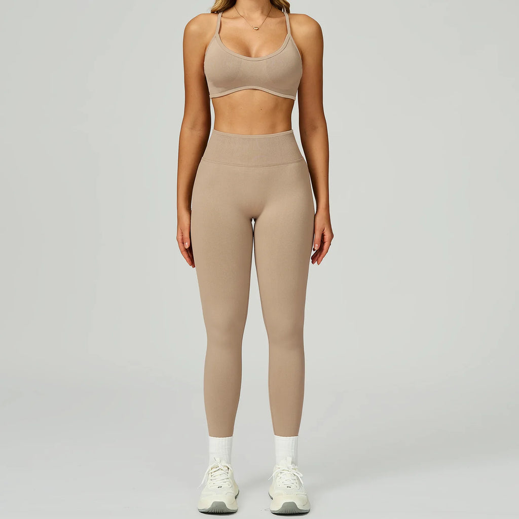 Xooie Fit women's activewear matching set in neutral tone with sports bra and high-waisted leggings