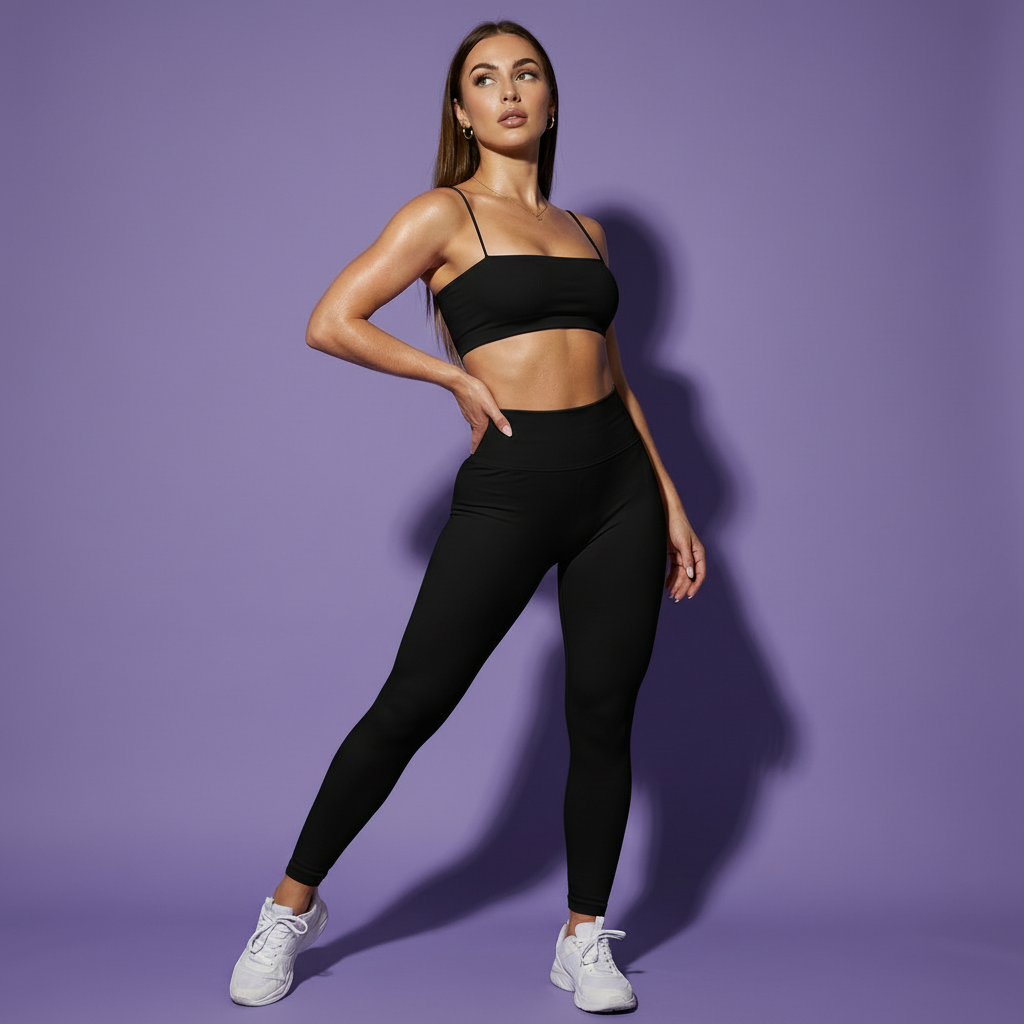 Black matching active set: thin-strap sports bra and high-waisted leggings