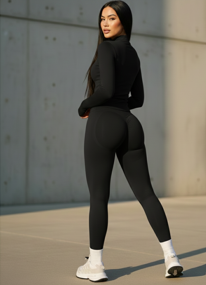 Xooie Fit women's activewear matching set in black with long sleeve top and leggings