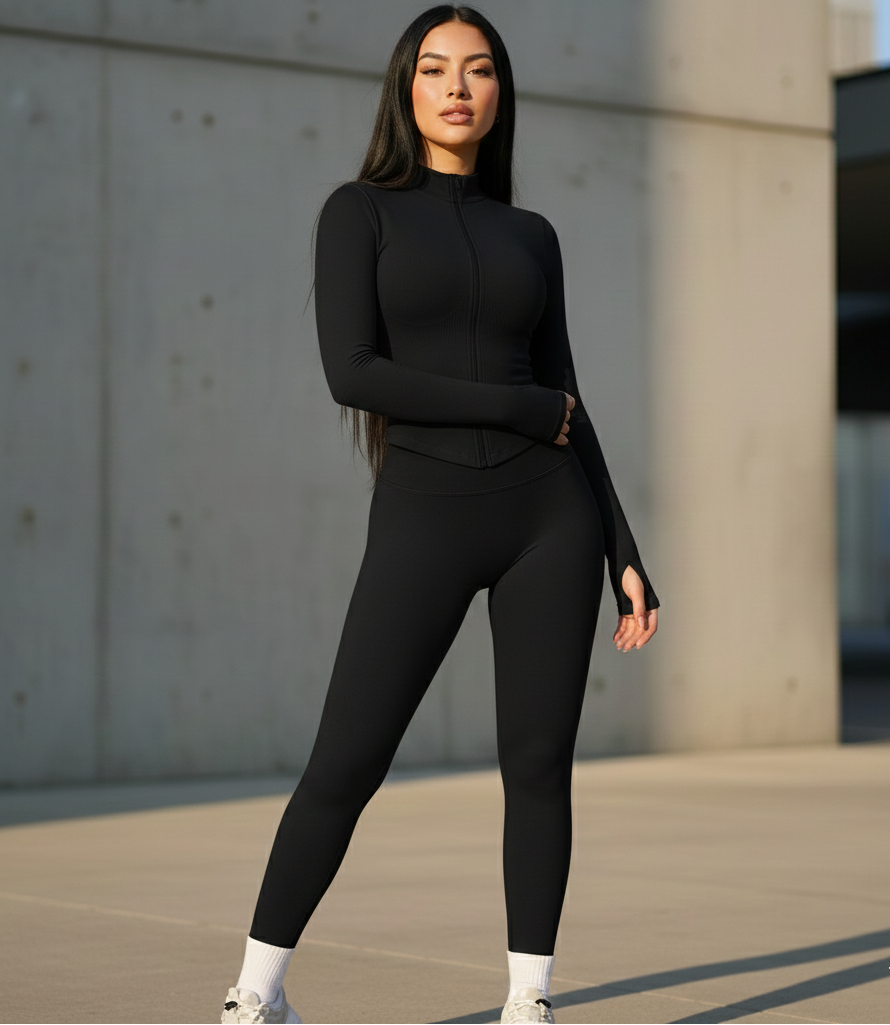 Xooie Fit women's activewear matching set in black with long sleeves and fitted leggings