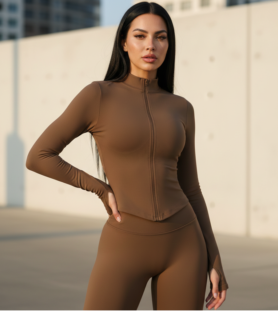 Xooie Fit women's activewear matching set in brown featuring a zip-up long sleeve top and leggings