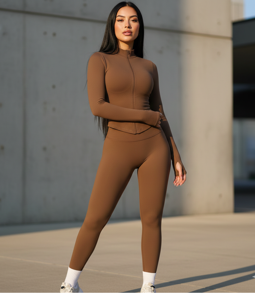 Xooie Fit women's activewear matching set in brown with long sleeves and fitted design