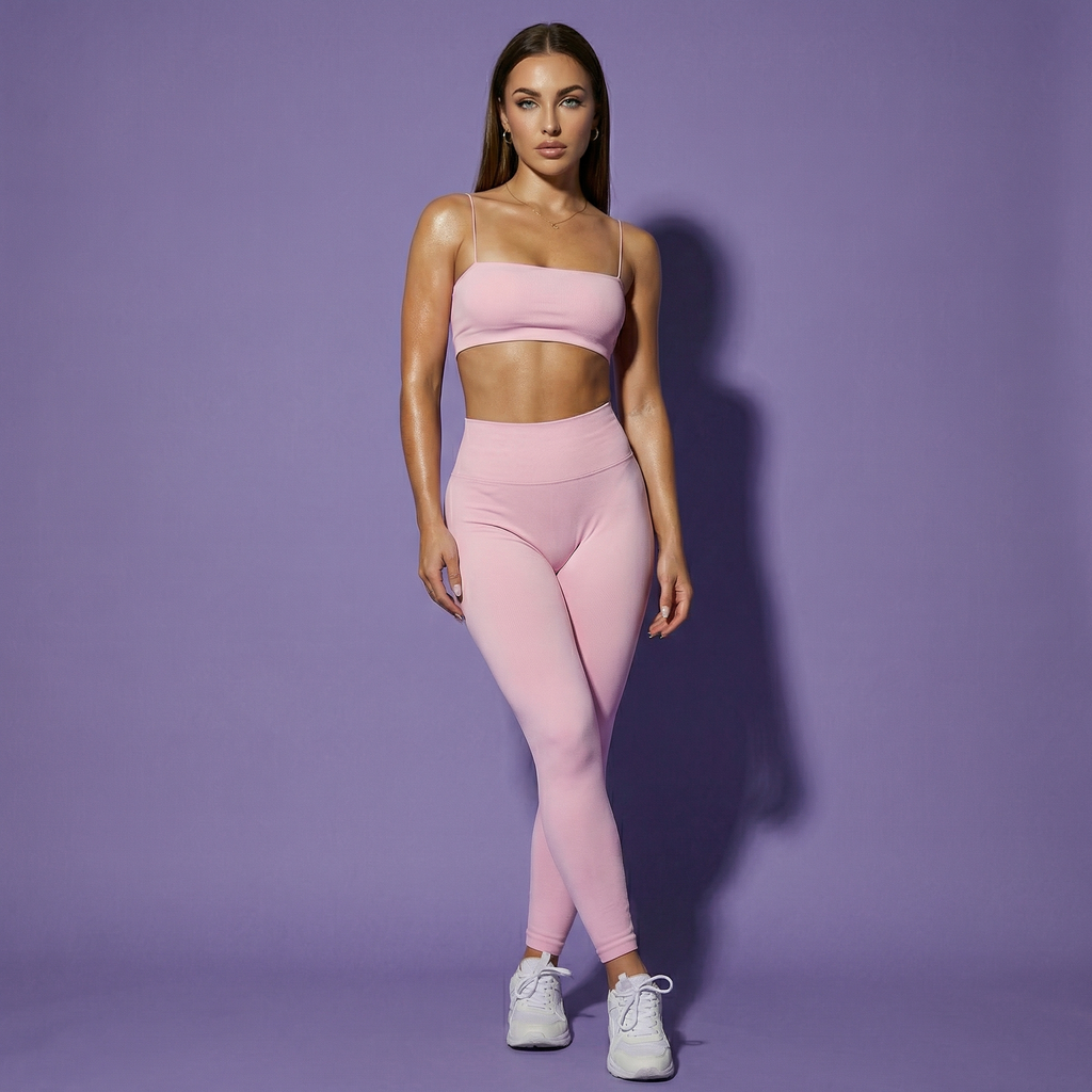 Pink active matching set with thin-strap bra and high-waisted leggings, standing
