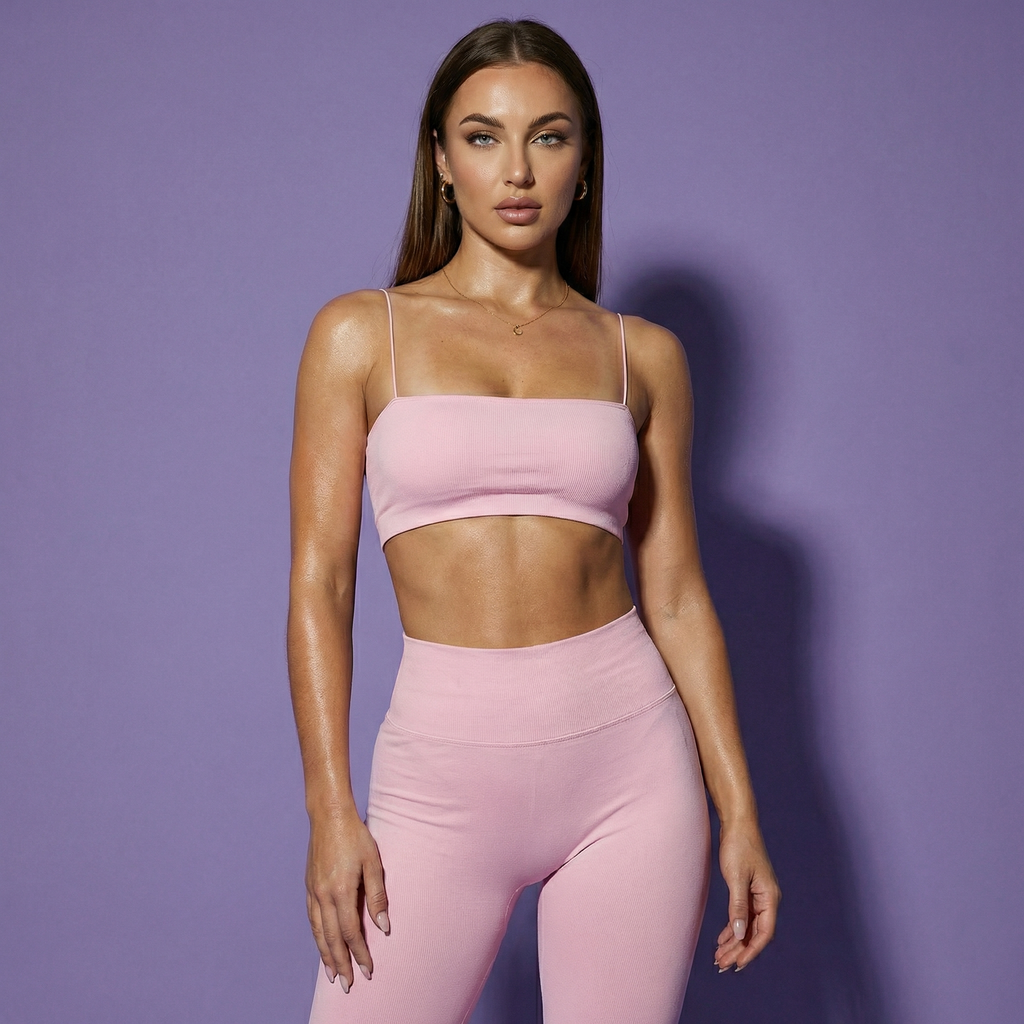 Pink thin-strap bralette and high-waisted leggings set, front view