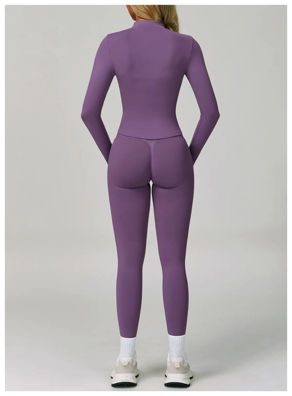 Women's activewear matching set in purple by Xooie Fit featuring a long-sleeve top and leggings