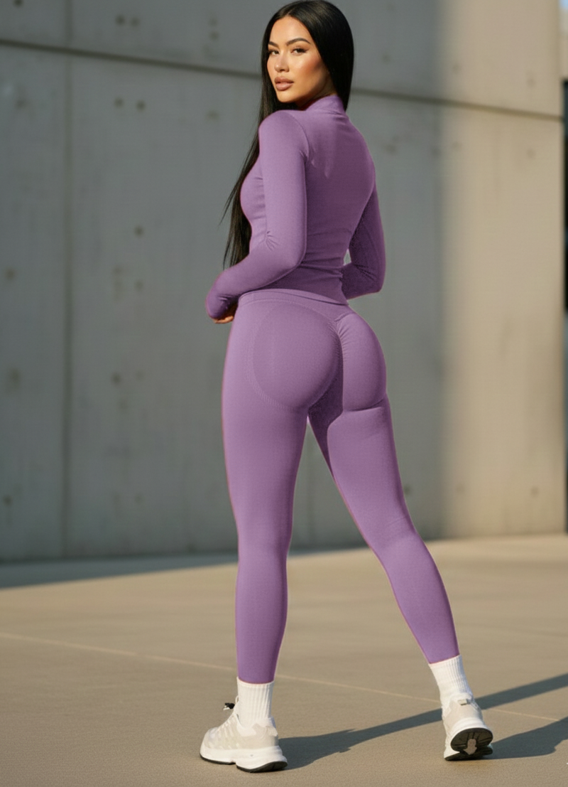 Xooie Fit women's activewear matching set in purple featuring a long-sleeve top and leggings