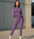 Plum purple active jacket and matching leggings set, full-zip stand collar