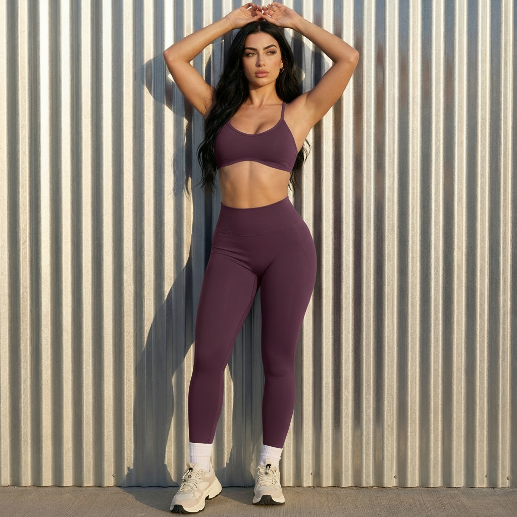 Xooie Fit women's activewear matching set in purple featuring a sports bra and leggings