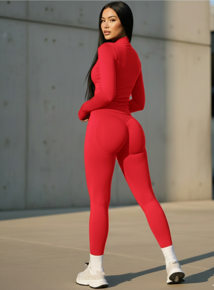 Xooie Fit women's activewear matching set in bright red, featuring a fitted top and leggings