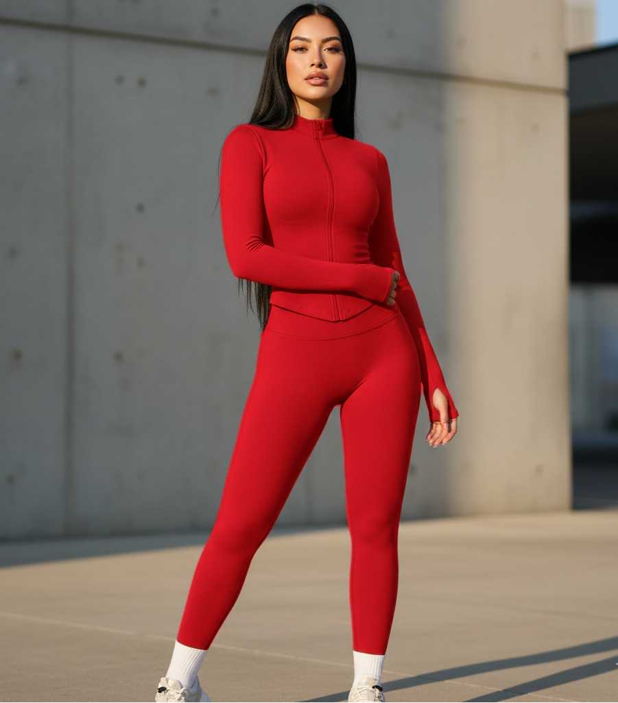 Red women's activewear matching set from Xooie Fit with long sleeves and fitted leggings