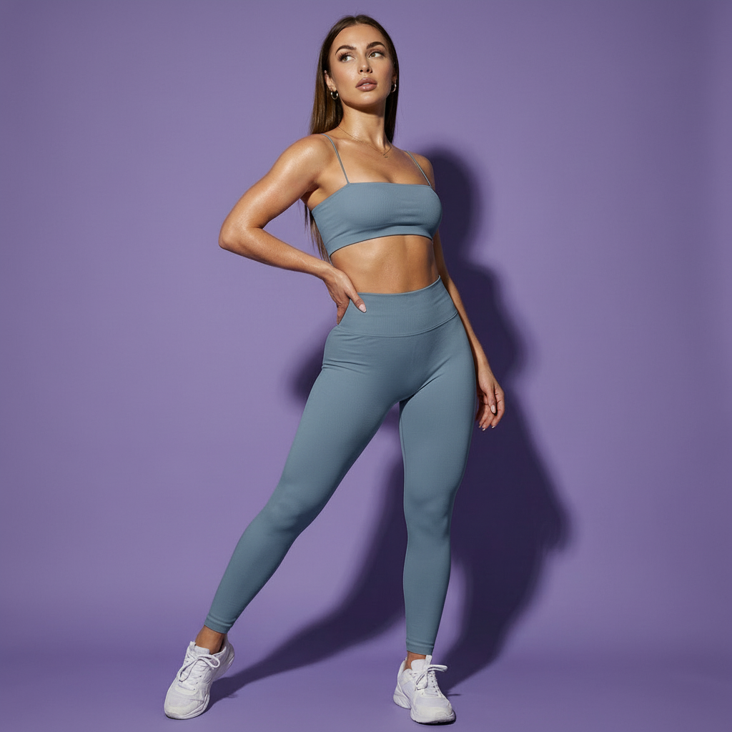 Slate blue thin-strap sports bra and high-waisted leggings matching set