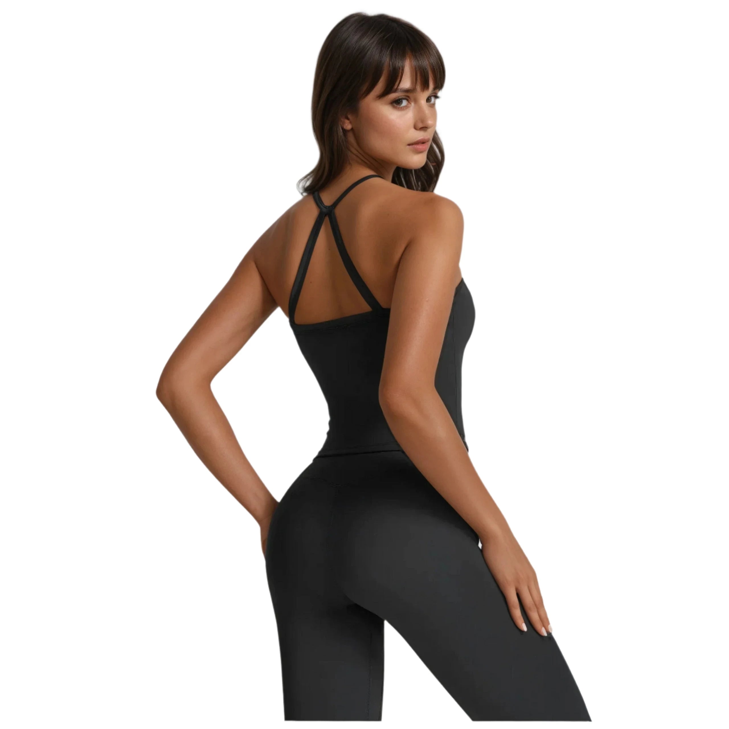 Xooie Fit women's activewear set in black featuring a stylish strappy tank top and matching leggings