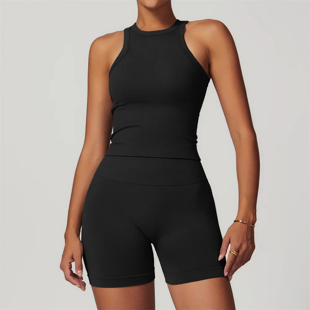 Xooie Fit black women's activewear set with sleeveless fitted top and high-waisted shorts