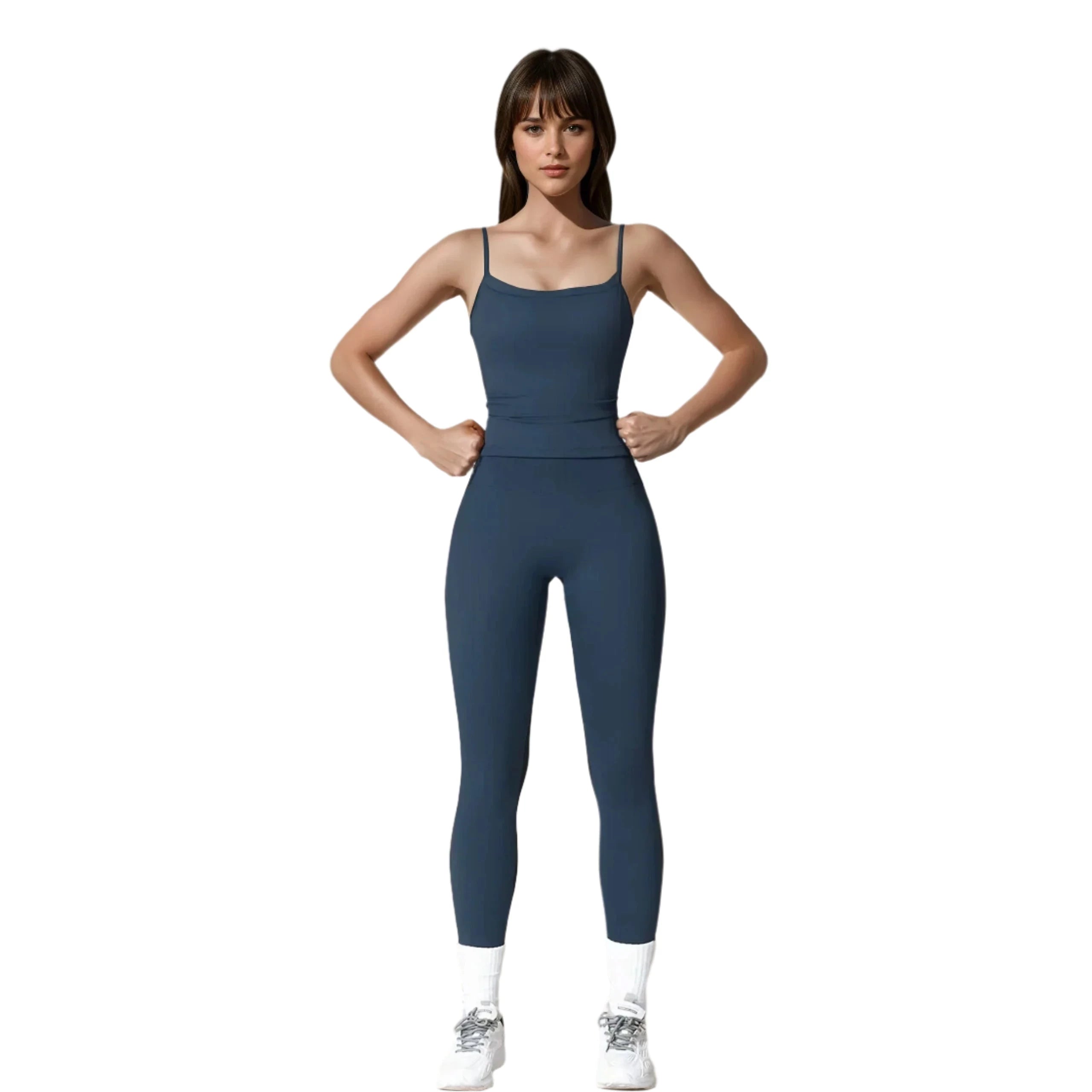 Navy Xooie Fit women's activewear set featuring a cropped top and high-waisted leggings
