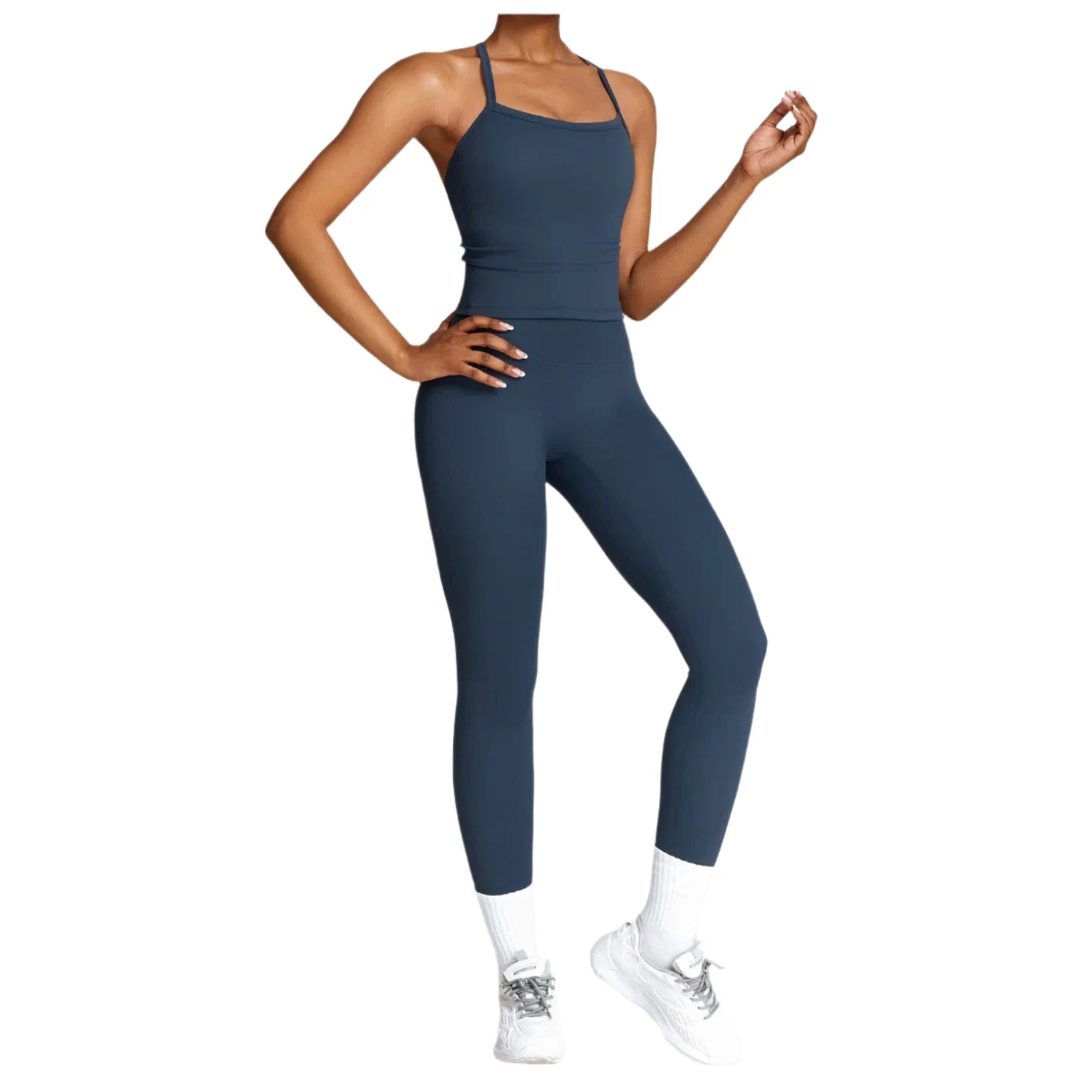 Xooie Fit women's activewear set featuring a fitted crop top and high-waisted leggings in dark blue