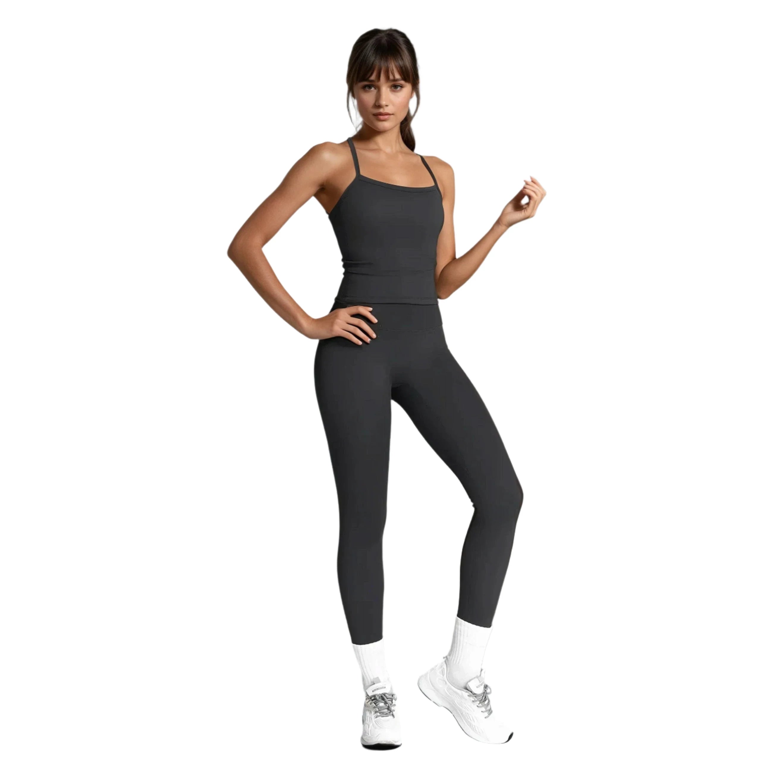 Xooie Fit women's activewear set in dark gray featuring a stylish crop top and fitted leggings