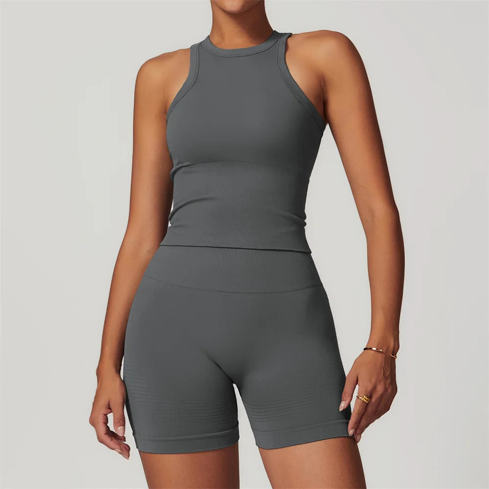 Xooie Fit gray women's activewear set with sleeveless crop top and high-waisted shorts