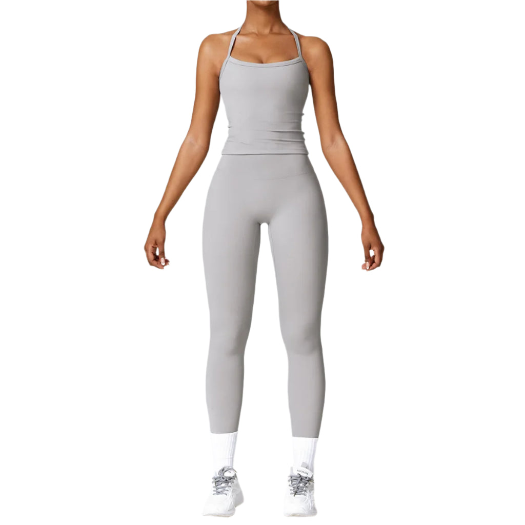 Xooie Fit women's activewear set in grey featuring a fitted tank top and leggings for workout comfort