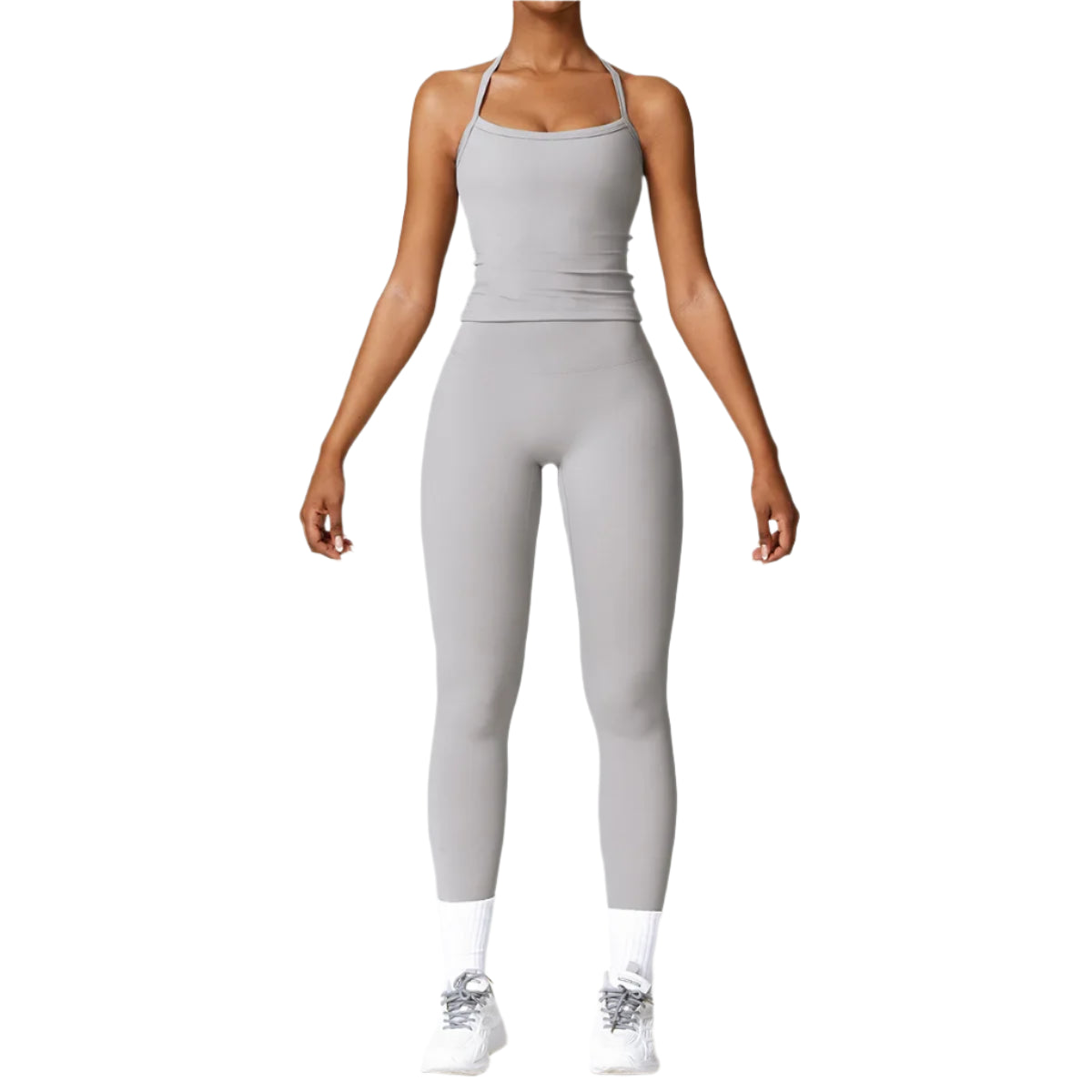 Xooie Fit women's activewear set in grey featuring a fitted tank top and leggings for workout comfort
