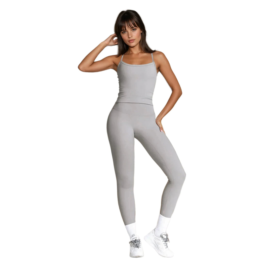 Xooie Fit women's activewear set in grey featuring a fitted tank top and high-waisted leggings