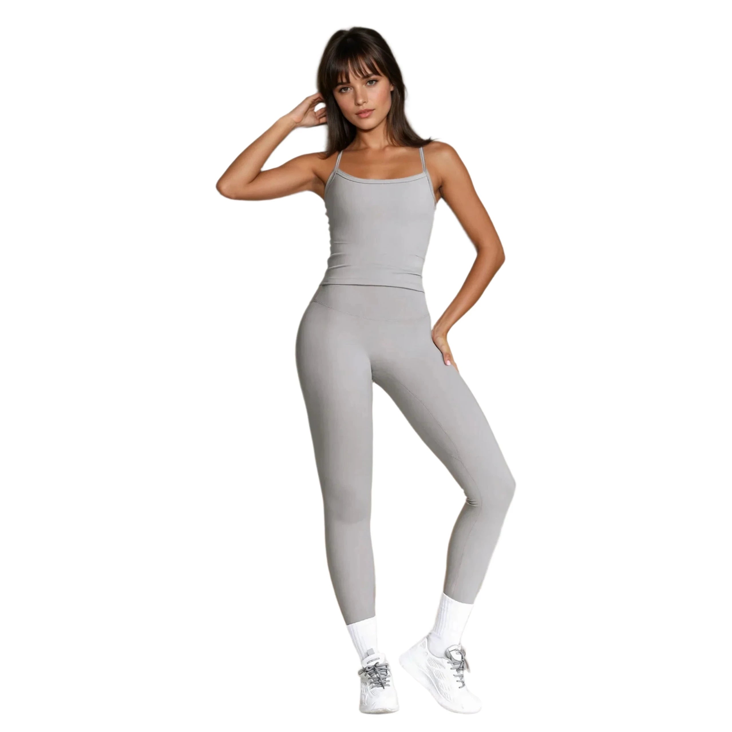 Xooie Fit women's activewear set in grey featuring a fitted tank top and high-waisted leggings