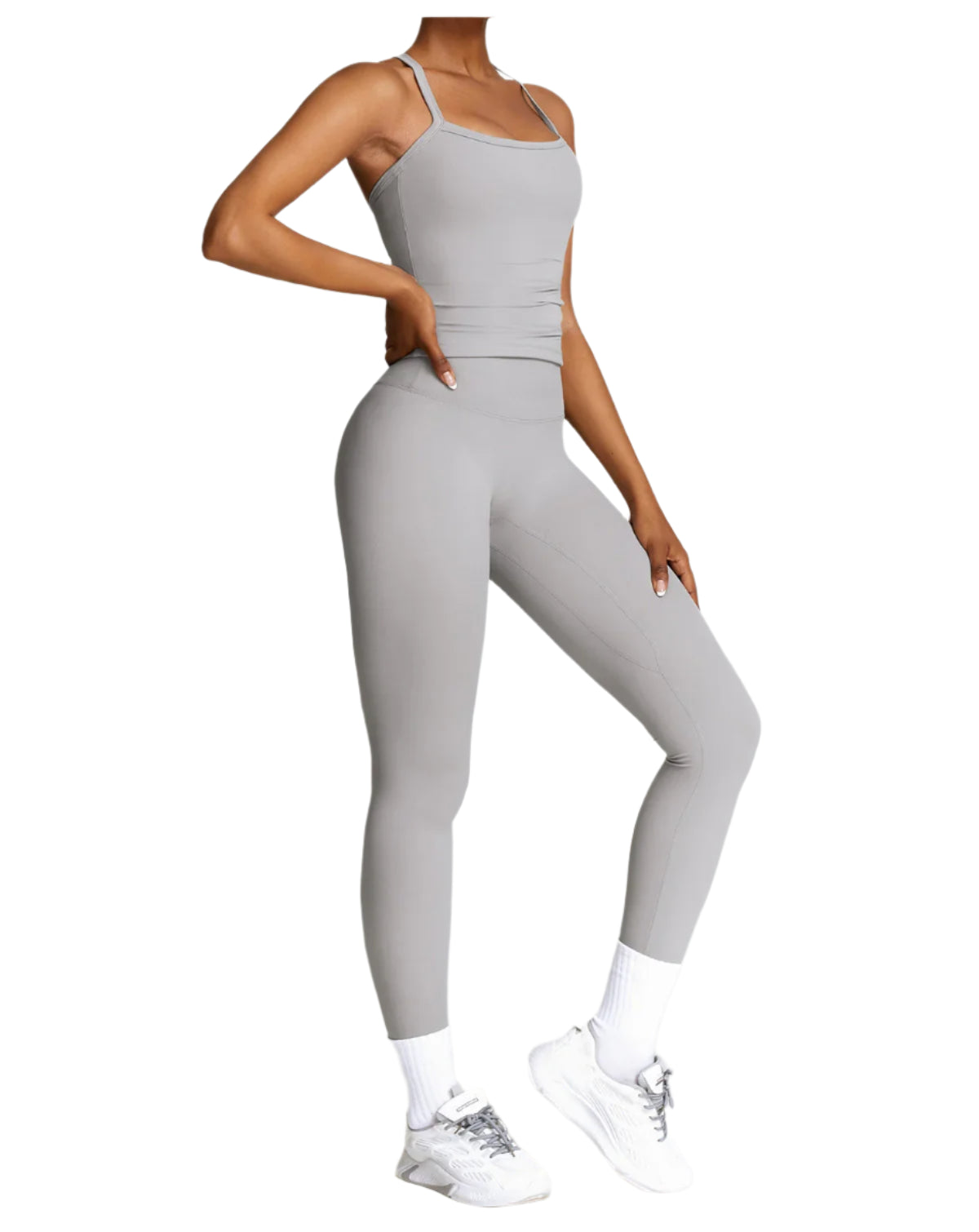 Xooie Fit Women's Activewear Set in Gray with Spaghetti Straps and Form-Fitting Leggings