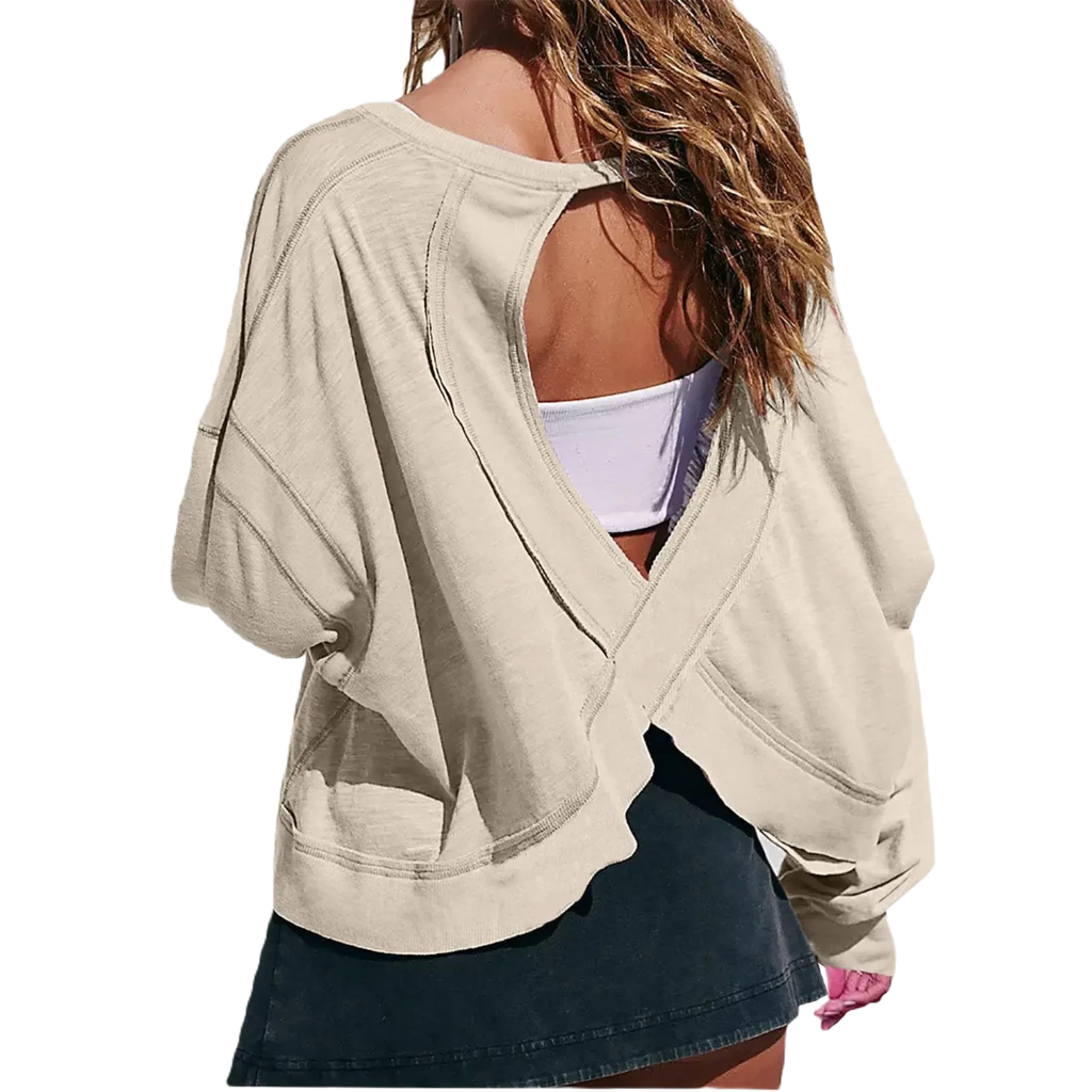 Xooie Fit women's backless workout top in beige with unique cross-back design and long sleeves
