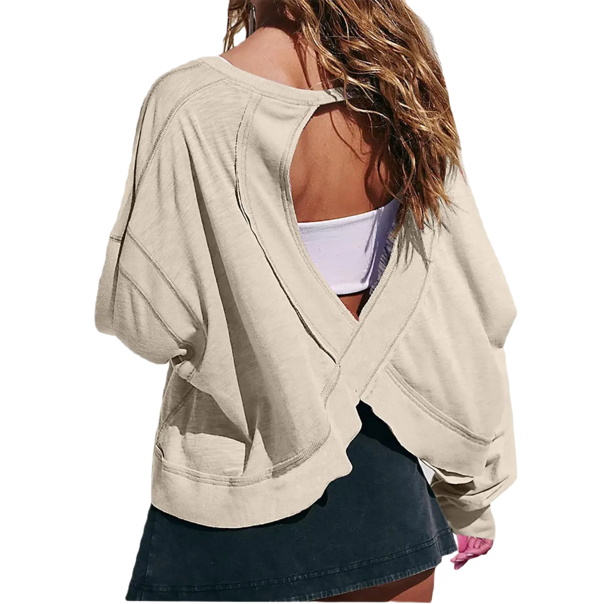 Xooie Fit women's backless workout top in beige with unique cross-back design and long sleeves