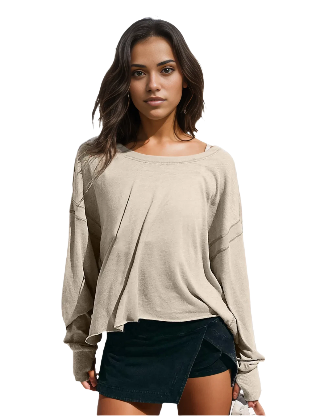 Xooie Fit women's backless workout top in beige with unique cross-back design and long sleeves front