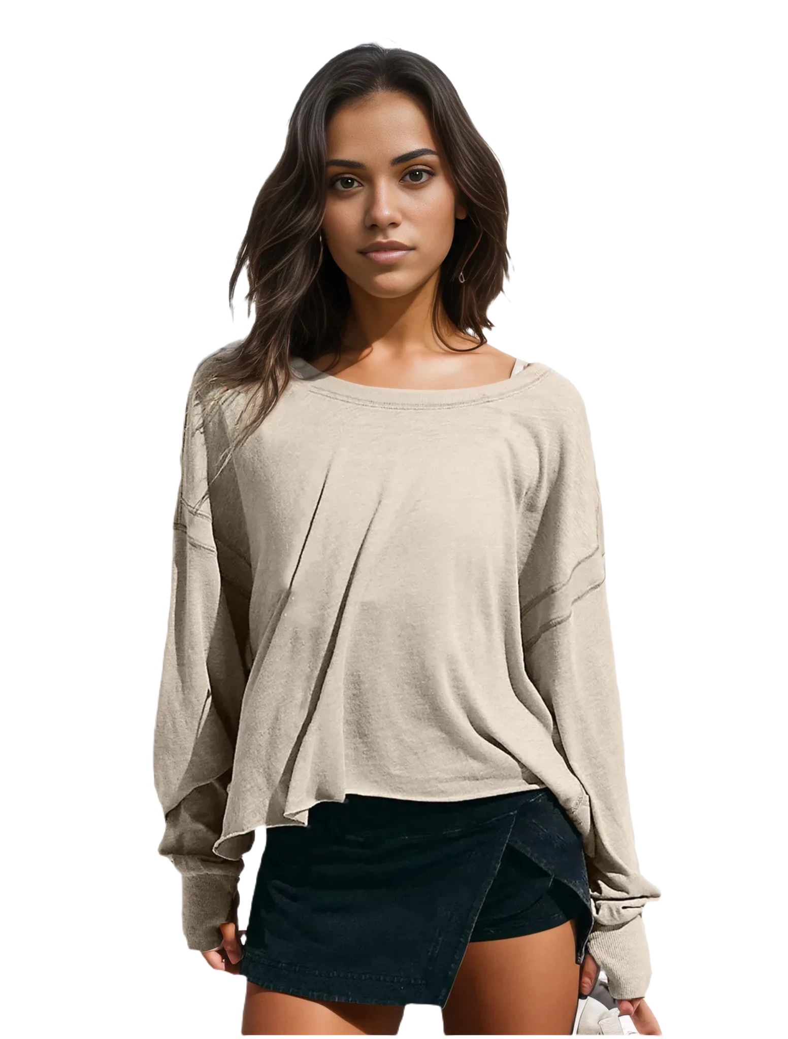 Xooie Fit women's backless workout top in beige with unique cross-back design and long sleeves front