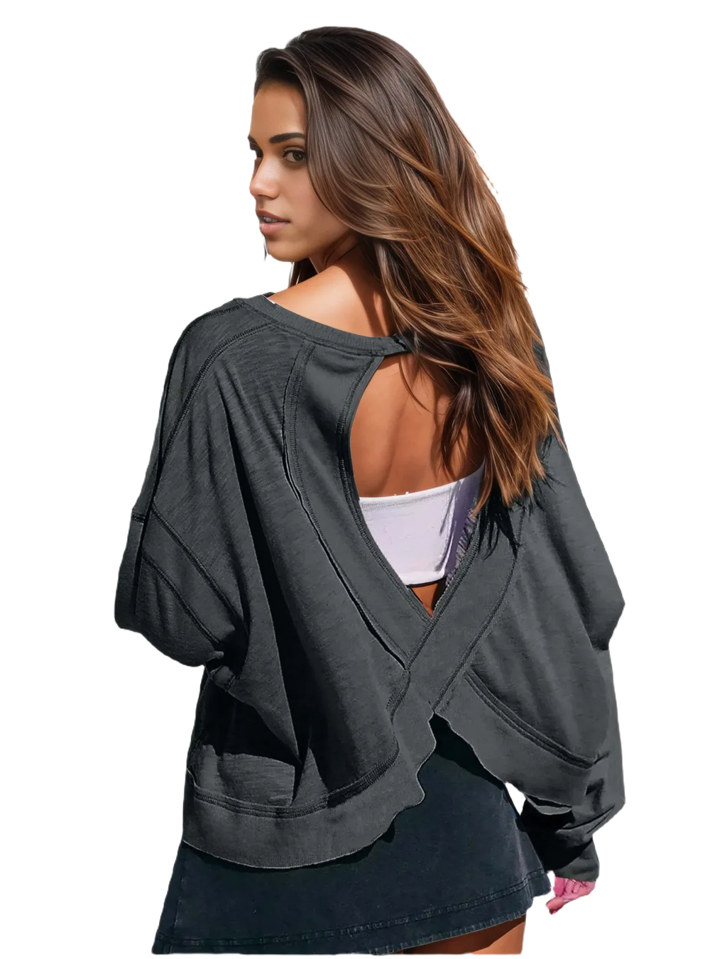 Xooie Fit women's backless workout top in grey with unique cross-back design and long sleeves