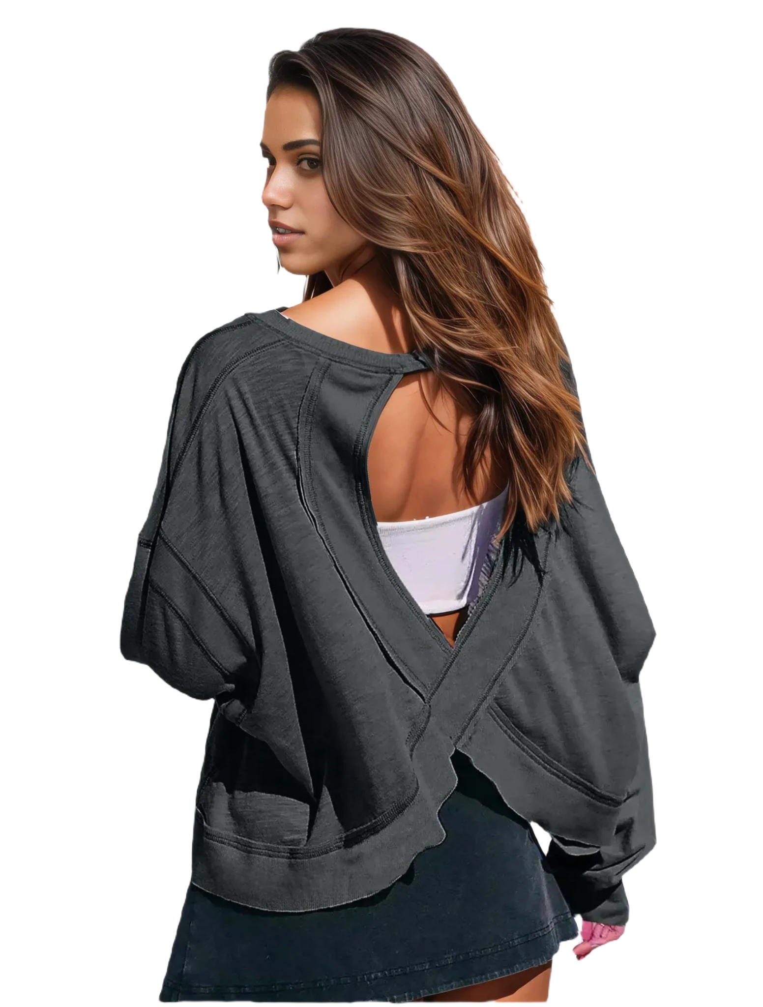 Xooie Fit women's backless workout top in grey with unique cross-back design and long sleeves