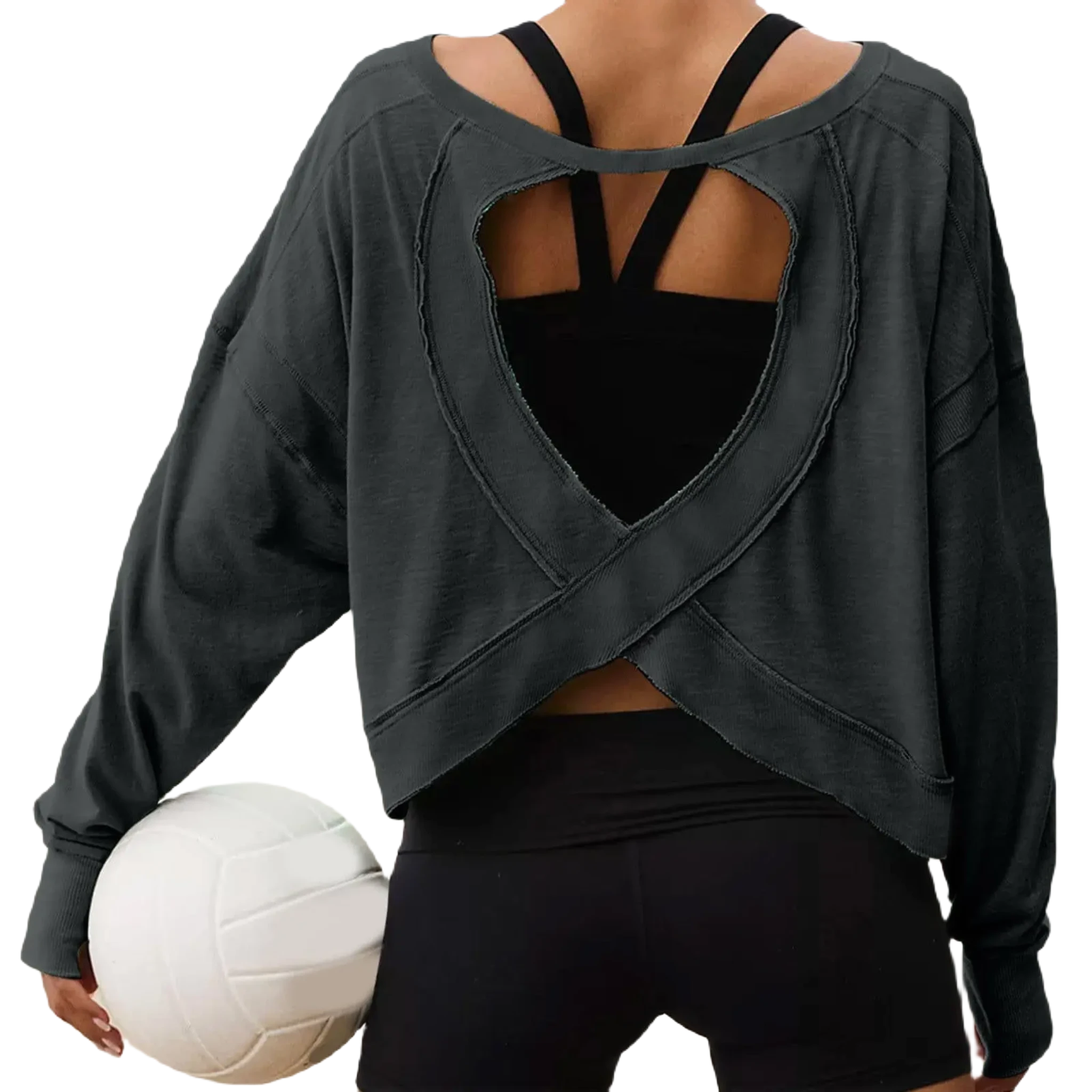 Xooie Fit women's backless workout top in grey with unique cross-back design and long sleeves back view