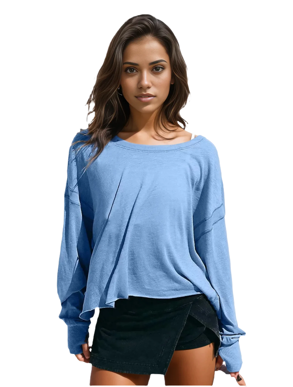 Xooie Fit women's backless workout top in blue with unique cross-back design and long sleeves
