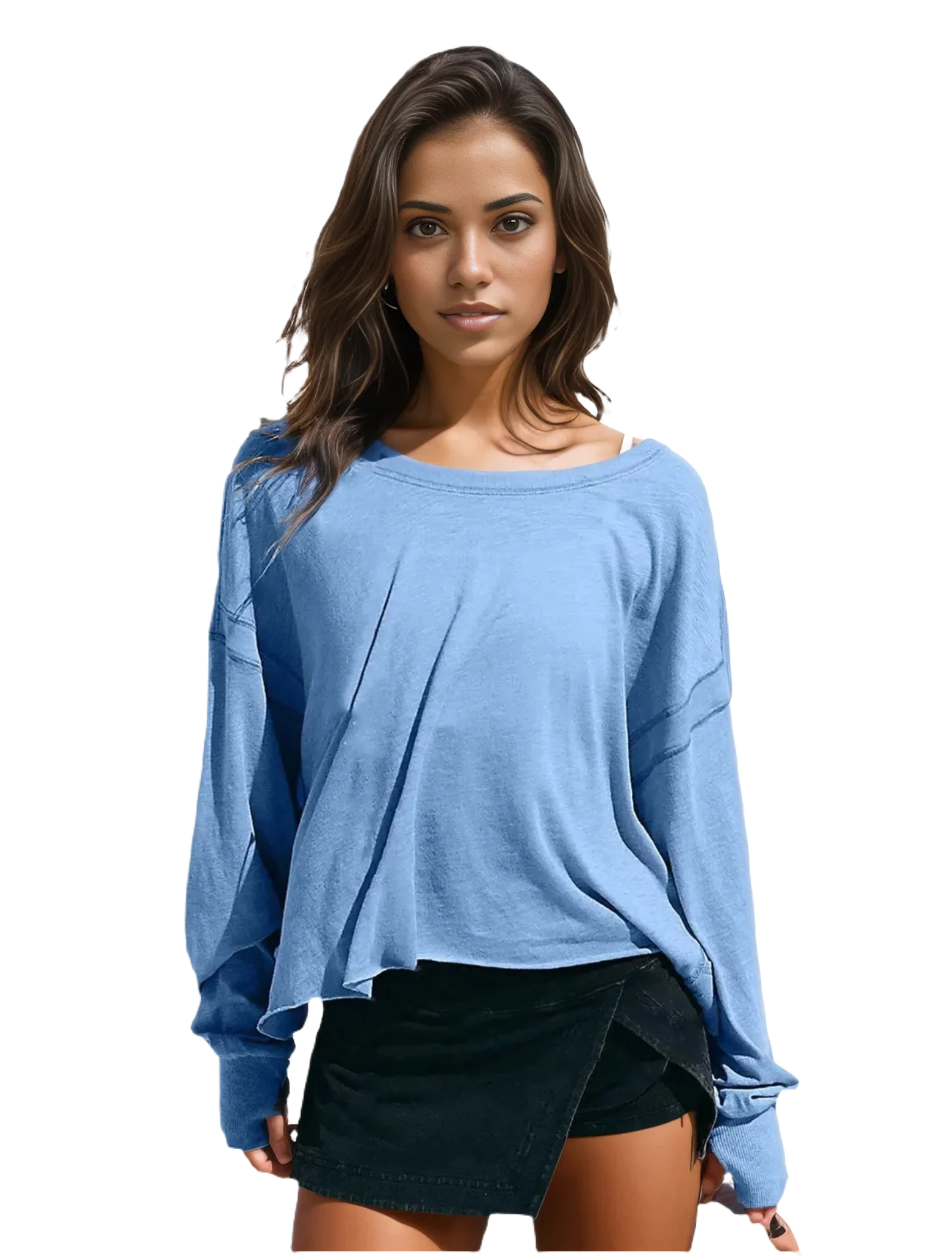 Xooie Fit women's backless workout top in blue with unique cross-back design and long sleeves
