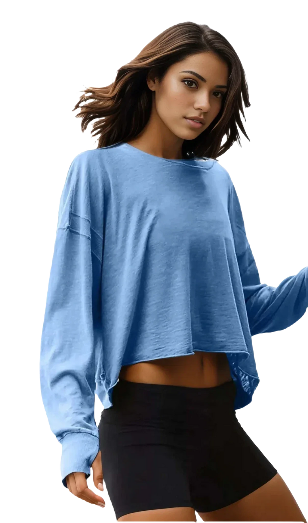 Xooie Fit women's backless workout top in blue with long sleeves and a cropped design