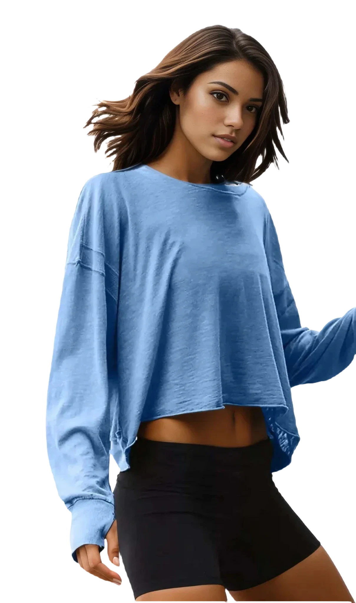 Xooie Fit women's backless workout top in blue with long sleeves and a cropped design