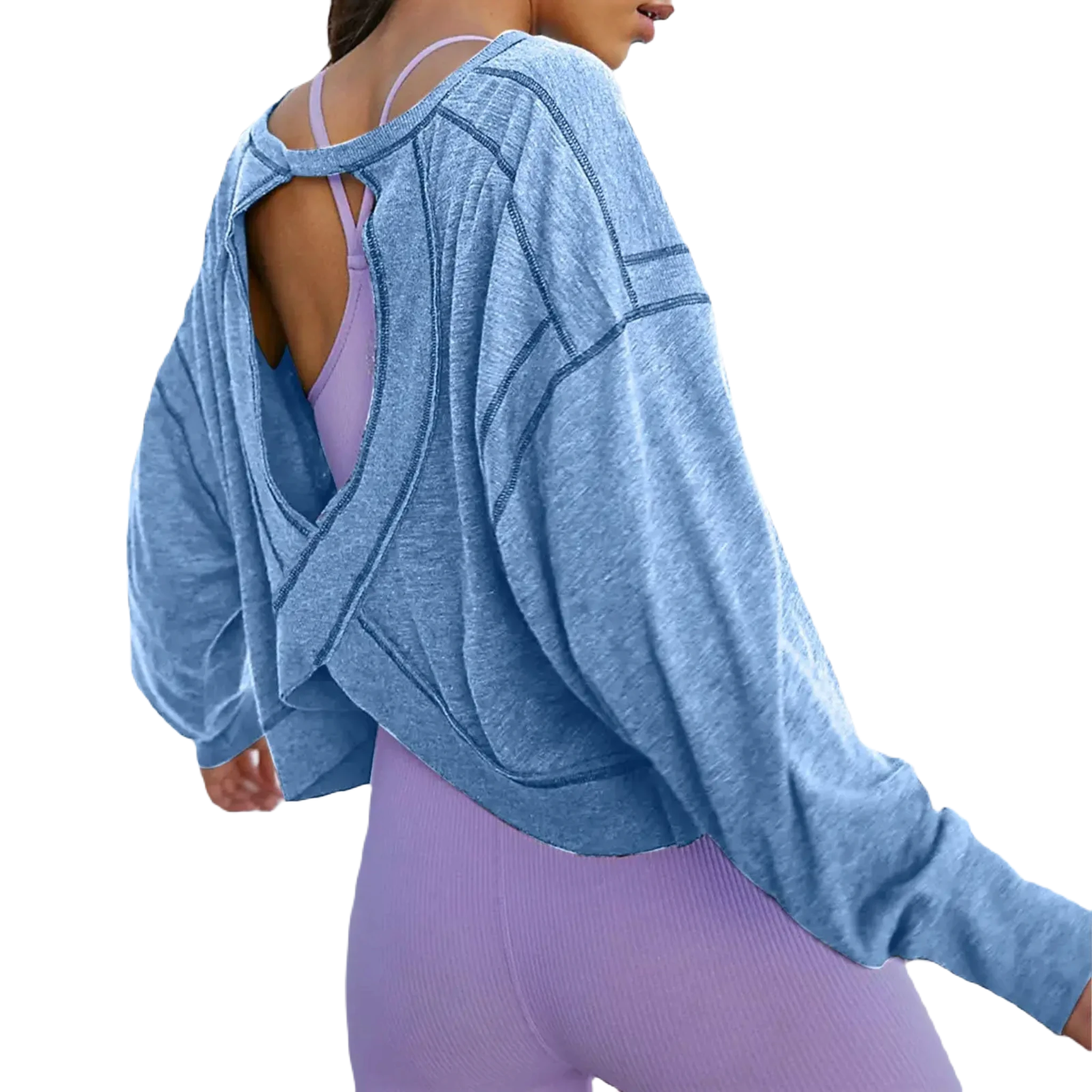 Xooie Fit women's backless workout top in blue with long sleeves and a cropped design open back