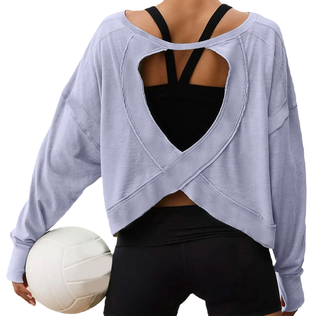 Xooie Fit women's backless workout top in light gray with unique cross-back design and long sleeves