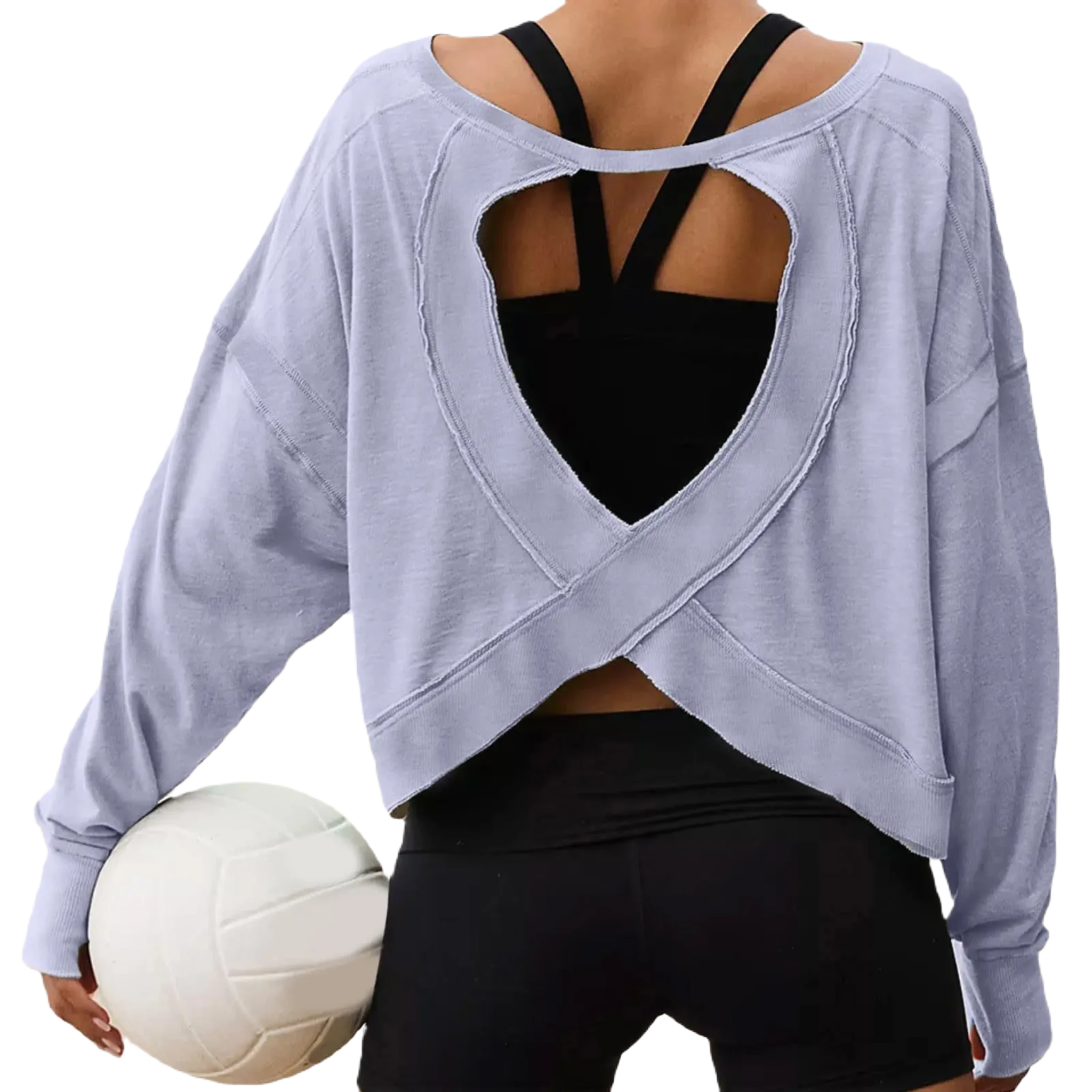 Xooie Fit women's backless workout top in light gray with unique cross-back design and long sleeves