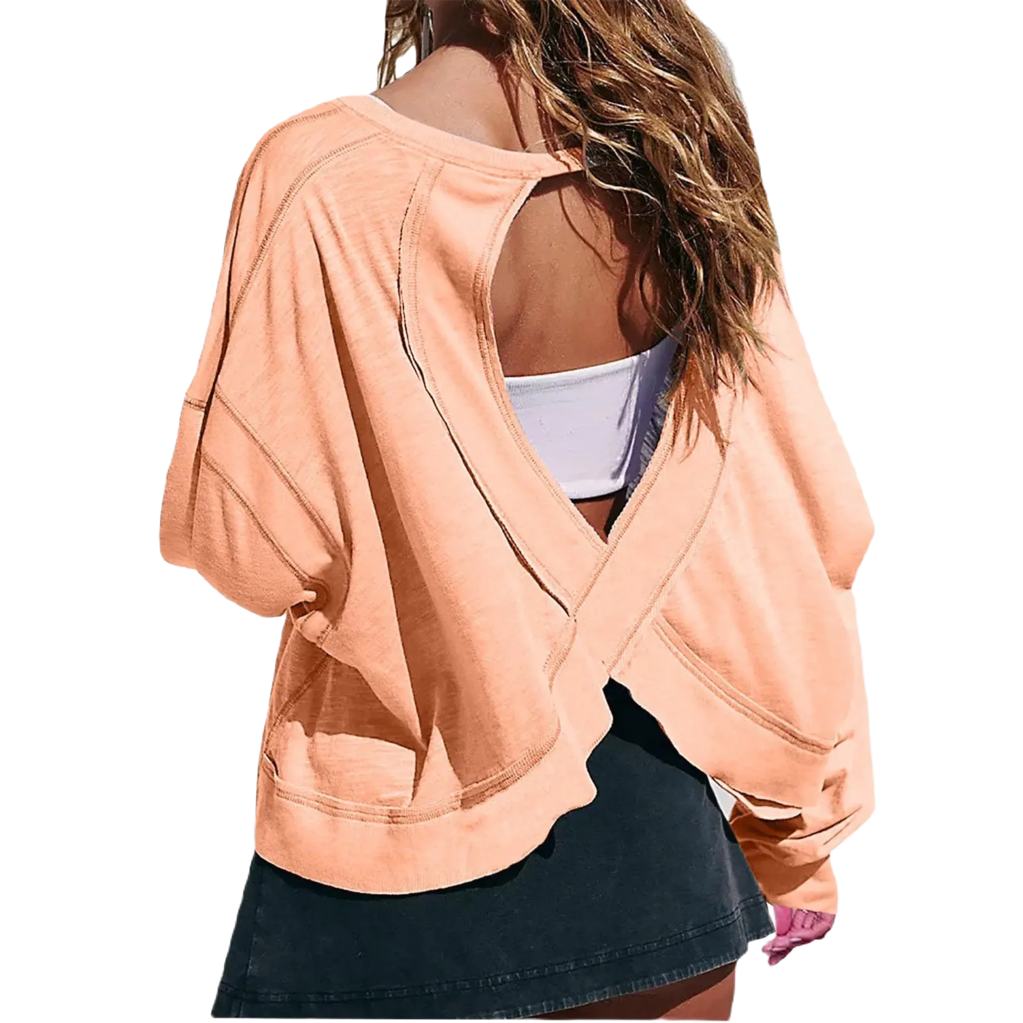 Xooie Fit women's backless workout top in orange with unique cross-back design and long sleeves