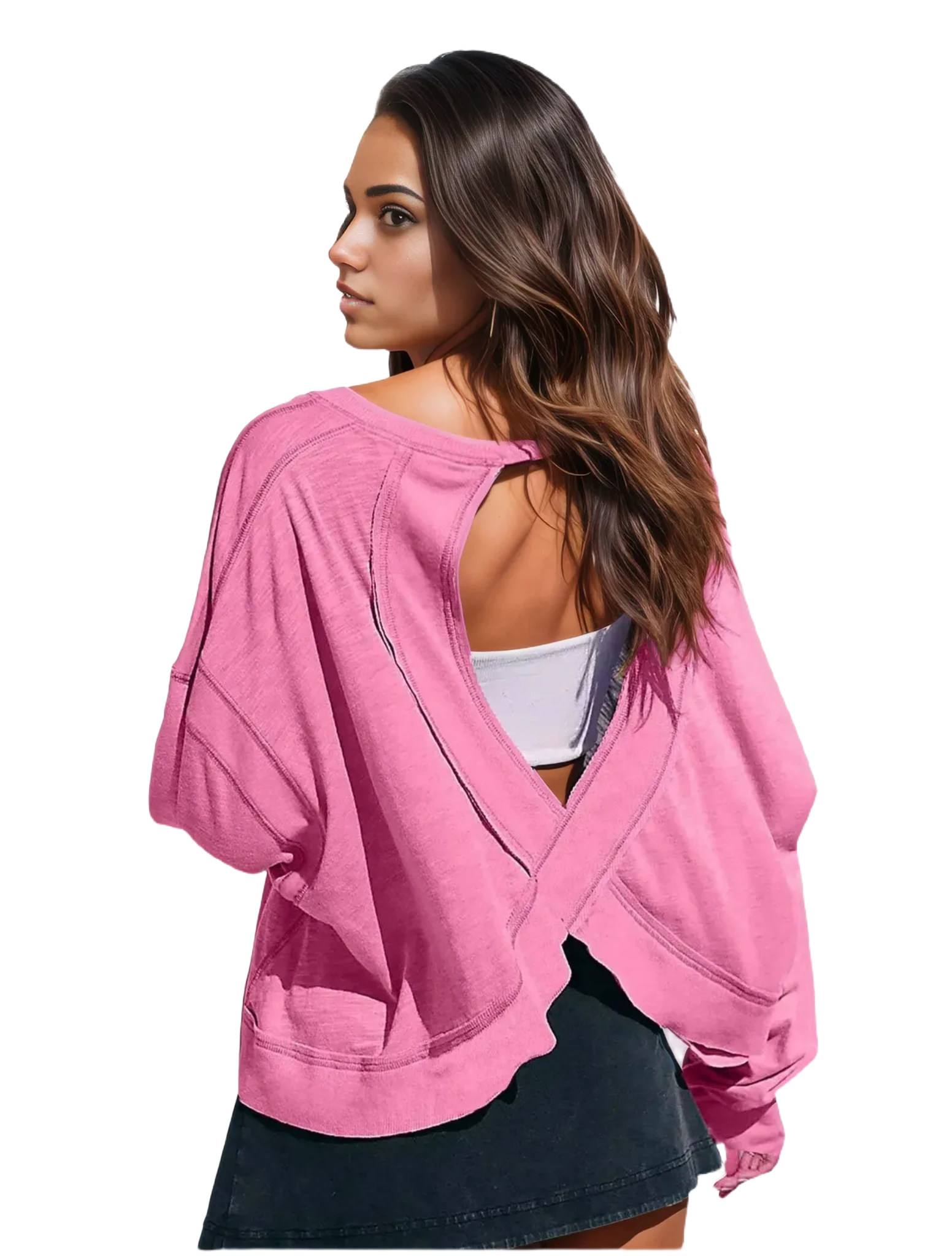 Xooie Fit women's backless workout top in pink with unique cross-back design and long sleeves