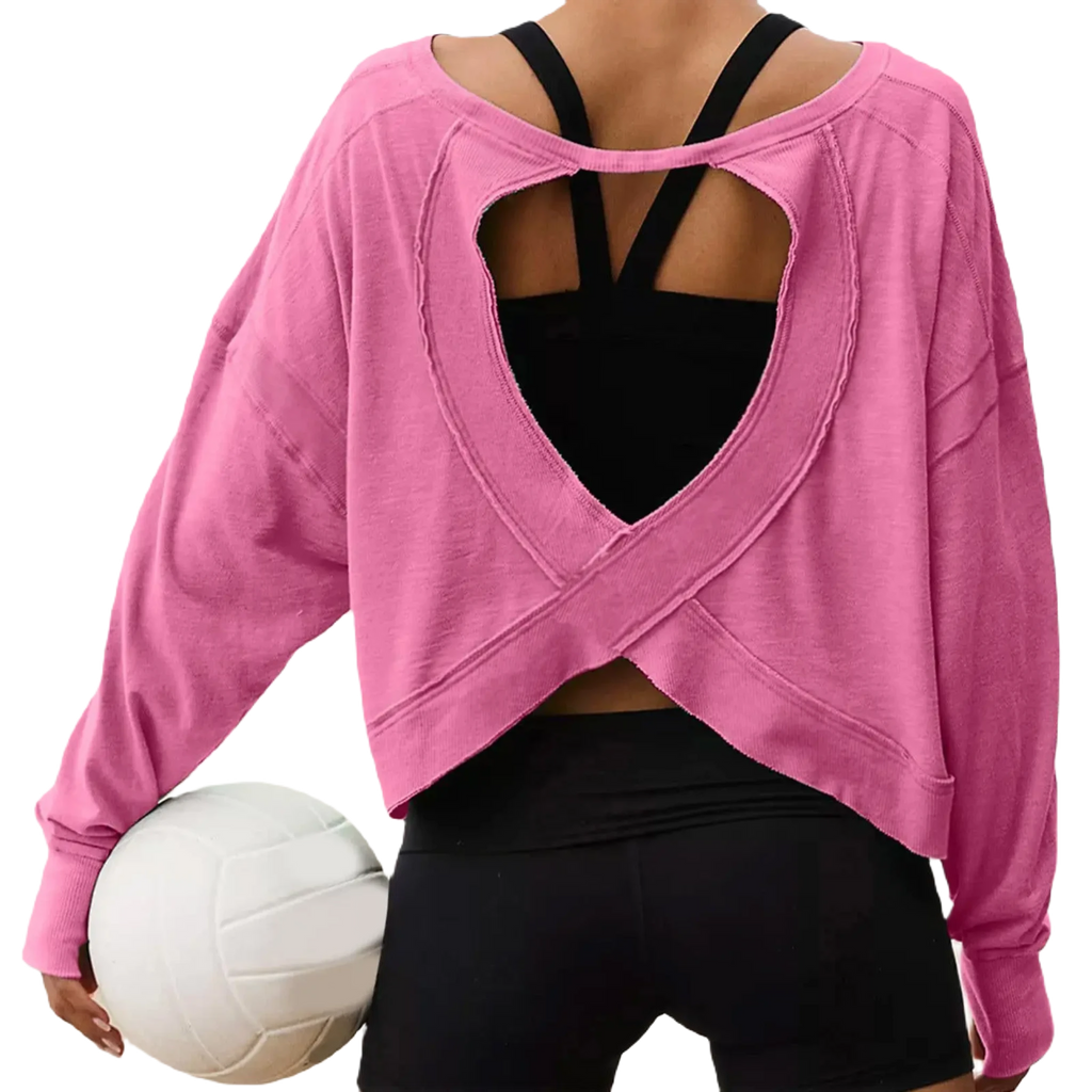 Xooie Fit women's backless workout top in vibrant pink with unique cross-back design and long sleeves