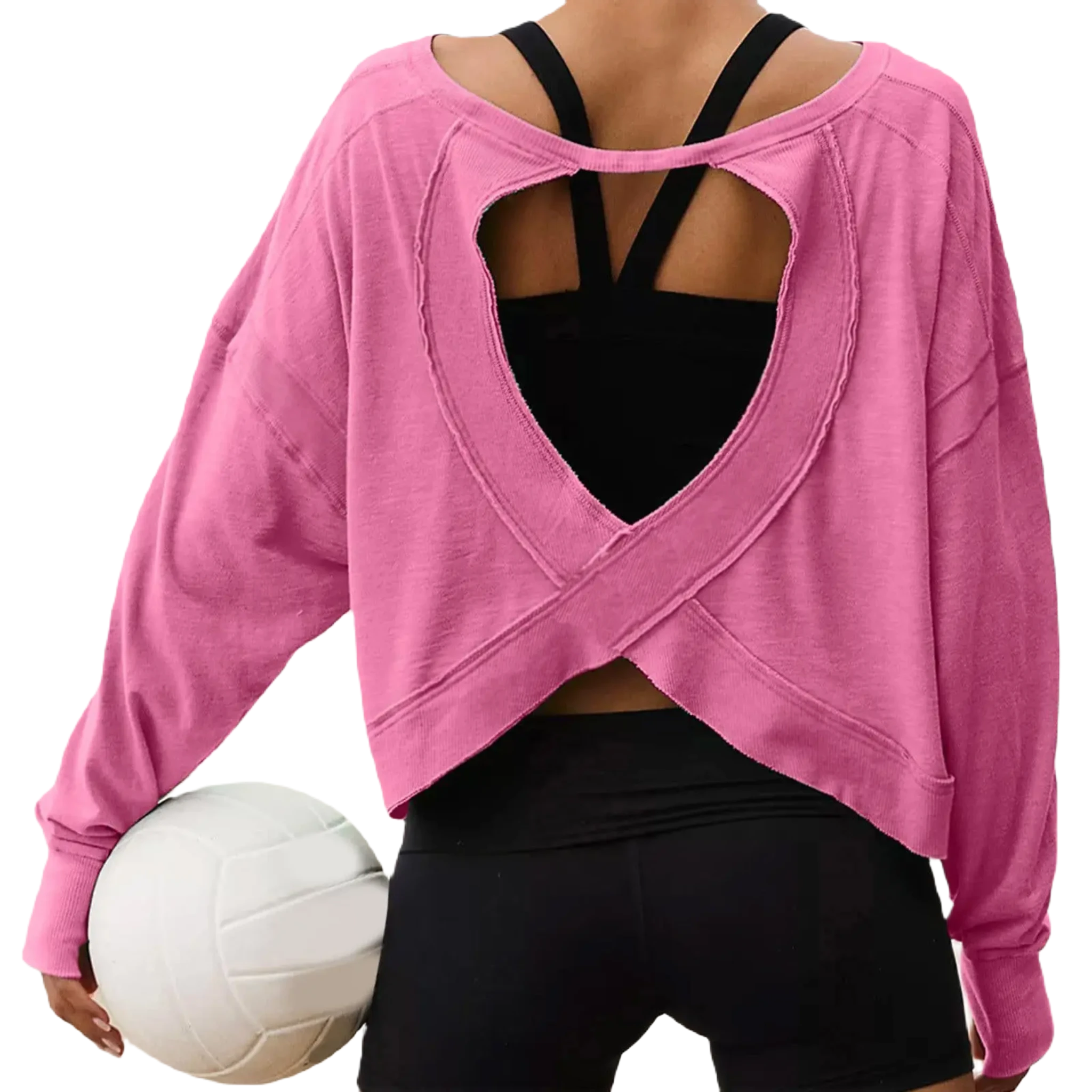 Xooie Fit women's backless workout top in vibrant pink with unique cross-back design and long sleeves