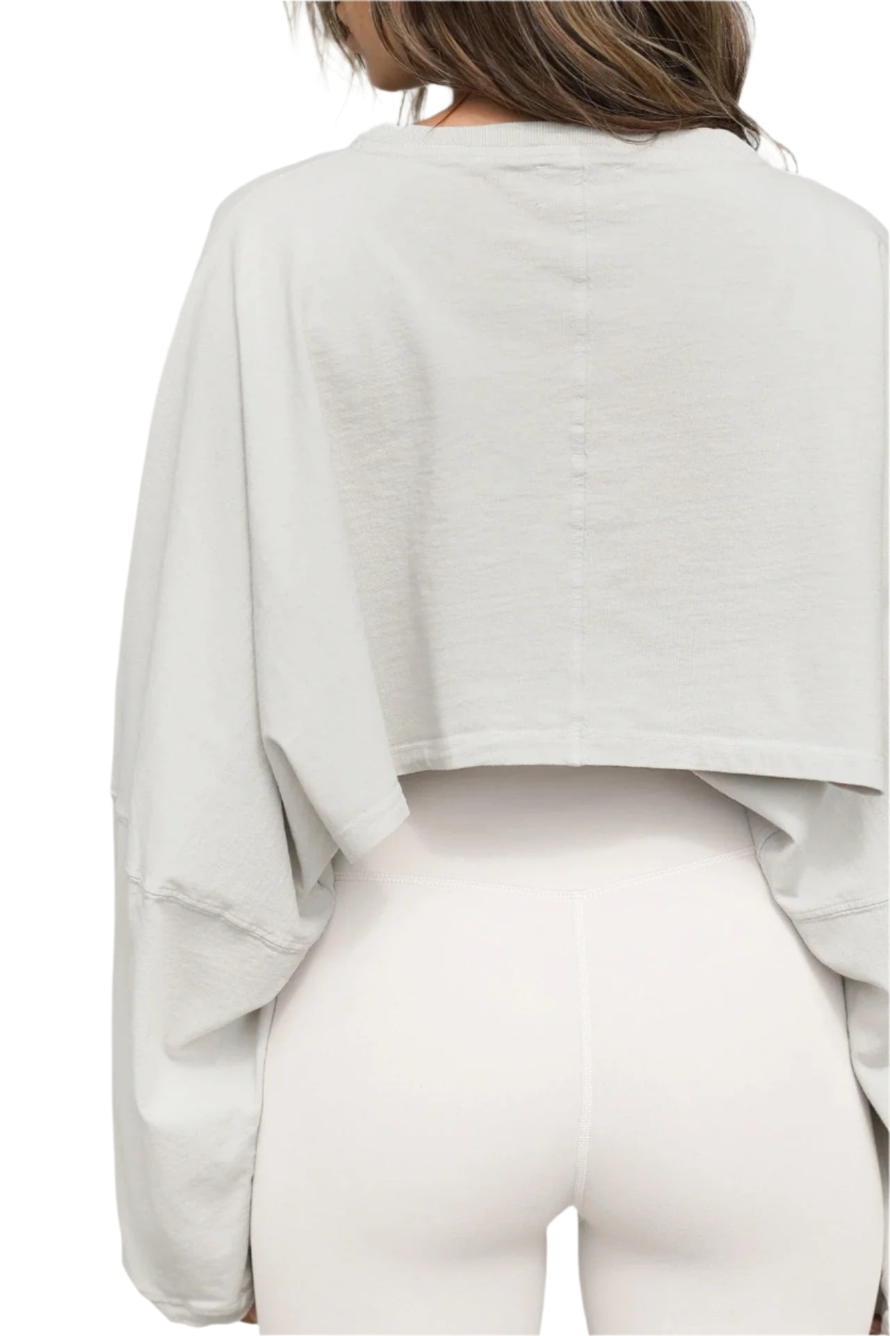 Xooie Fit women's baggy crop top in light grey with loose sleeves and cropped back design